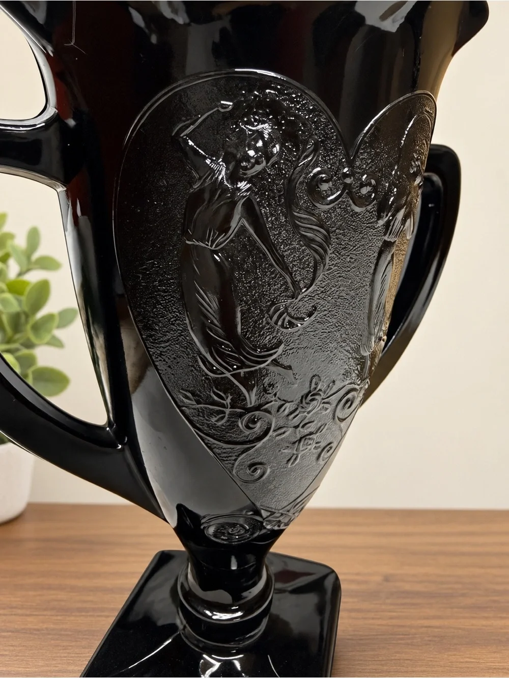 Vintage Black Amethyst Glass Double Handle Vase Urn Dancing Lady Art Deco